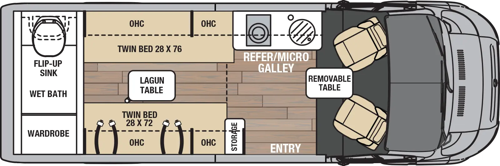 The Nova 20RB has 0 slideouts and 1 entry door and rear doors. Interior layout from front to back; removable table; off-door Galley kitchen with LP cooktop and single sink with overhead cabinets with refrigerator and microwave; door side storage near entry with 28 inch by 76 inch twin bed and overhead cabinets; off door side 28 inch by 76 inch twin bed and overhead cabinets; rear wet bath with flip up sink and wardrobe.